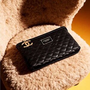 CHANEL Black Quilted Leather Zip Cosmetic Bag / Pouch with CC Charm